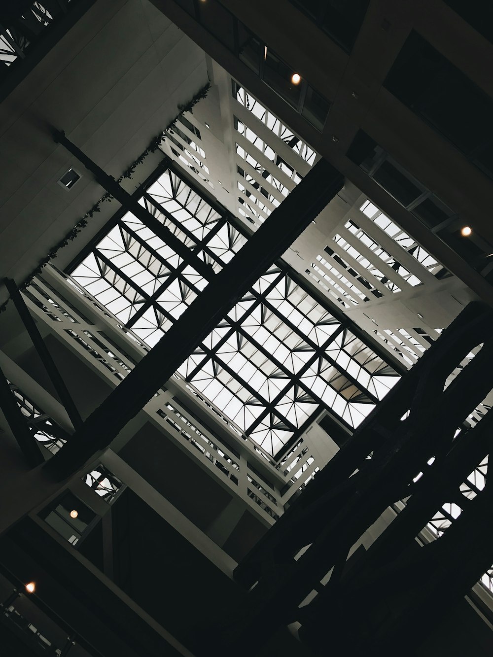 the ceiling of a building with a lot of windows