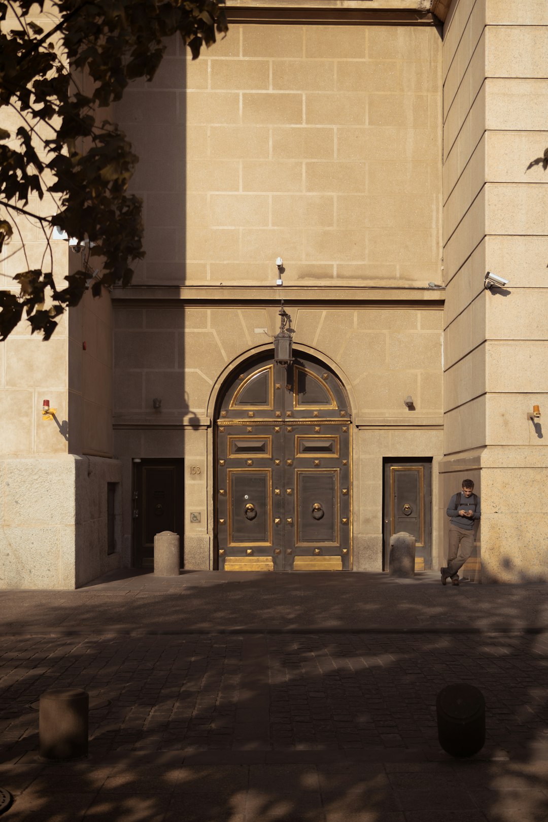 person standing near brown wooden double door