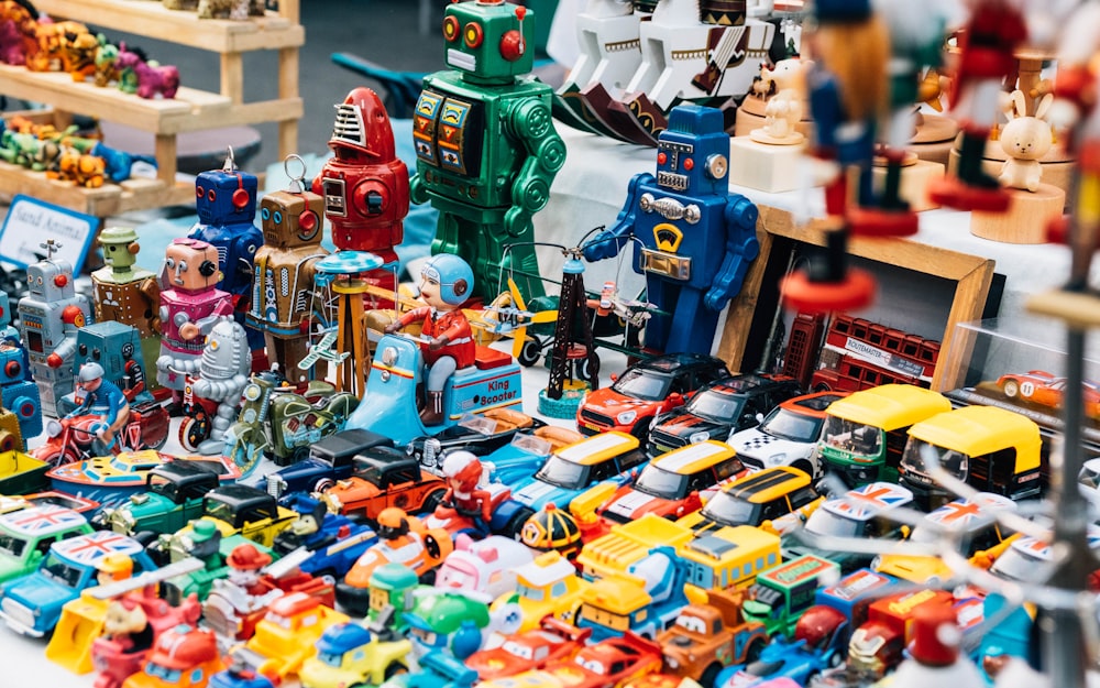 assorted-colored toys on table
