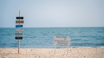 A sandy beach with a wooden post on the left displaying colorful directional signs pointing to various locations. To the right, a wooden wedding sign reads 'Welcome to Nathan & Bianca's Wedding, 31 August 2019'. The ocean is in the background under a clear sky.