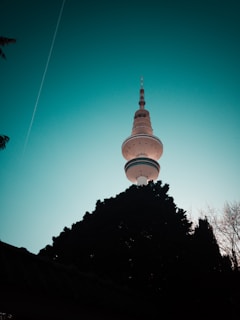 A tall communication tower rises into the sky with a silhouetted tree line at its base and a clear blue sky above. The sunlight creates a striking contrast between the tower, tree silhouettes, and the sky.