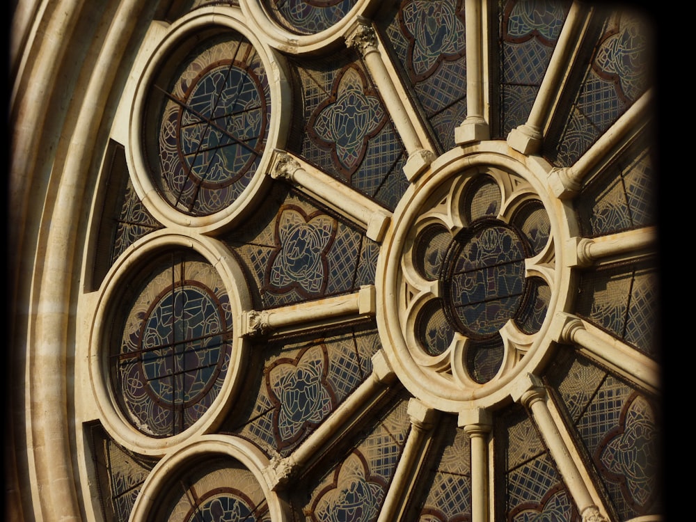 a close up view of a stained glass window