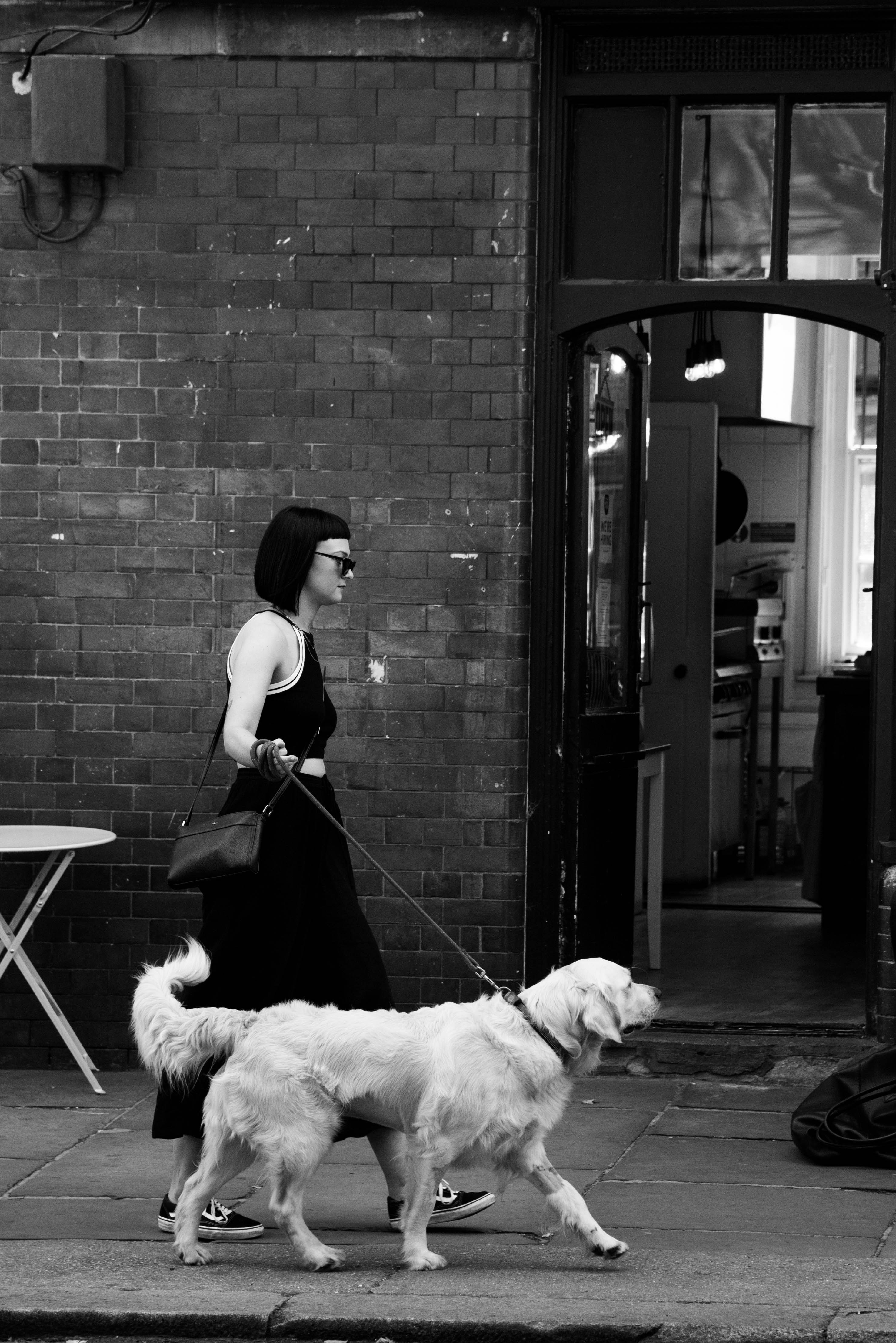grayscale photo of woman walking with dog