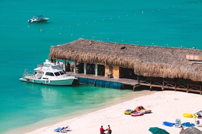white motor boat beside hut
