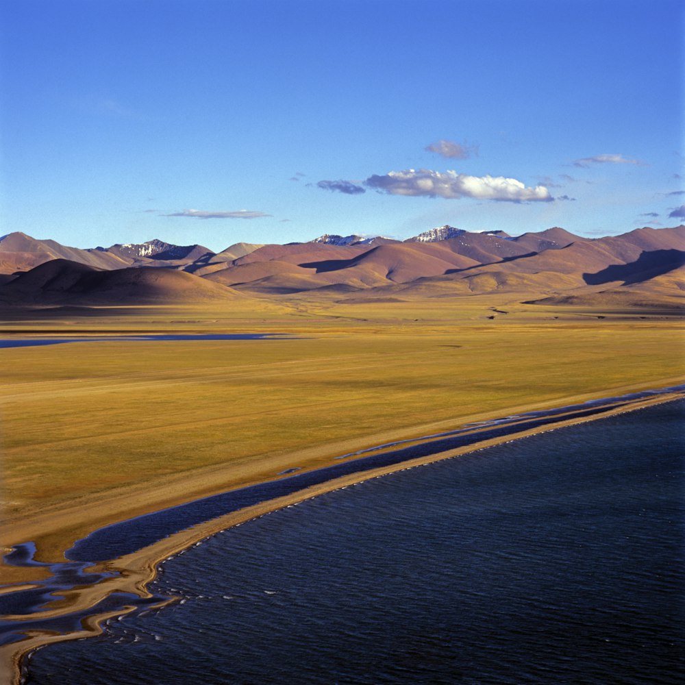 brown sand beside body of water