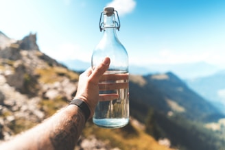 A hand holding a clear glass bottle filled with water, set against a scenic mountain landscape under a bright blue sky. The person has a tattoo on their arm and is wearing a wristband.