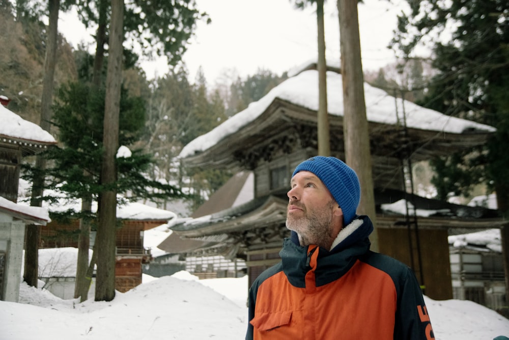 man wearing blue knit cap