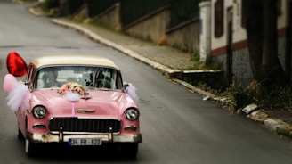 pink vehicle traveling on road during daytime
