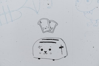 A cute cartoon oven with smiling bread popping out, emitting warm steam.