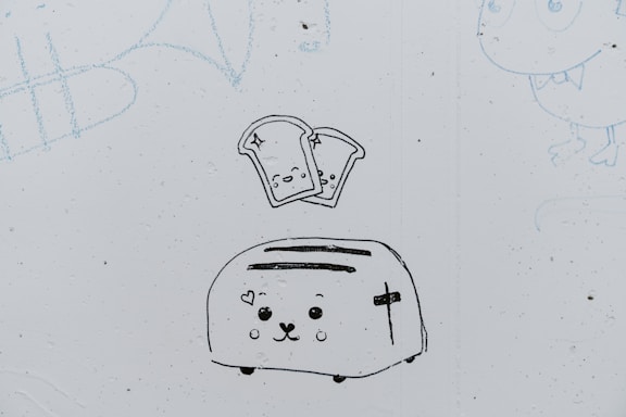A cute cartoon oven with smiling bread popping out, emitting warm steam.