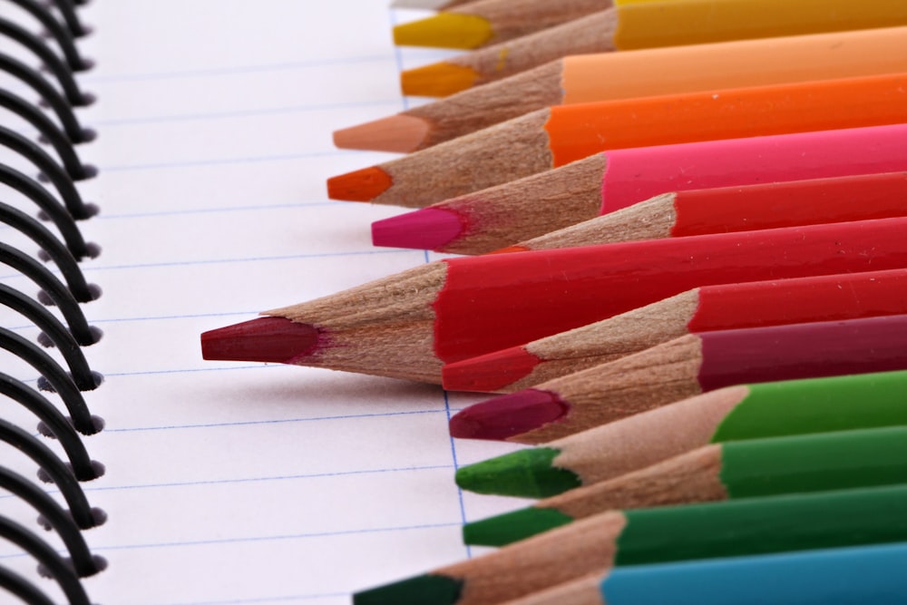 lápices de colores en cuaderno de cuerdas