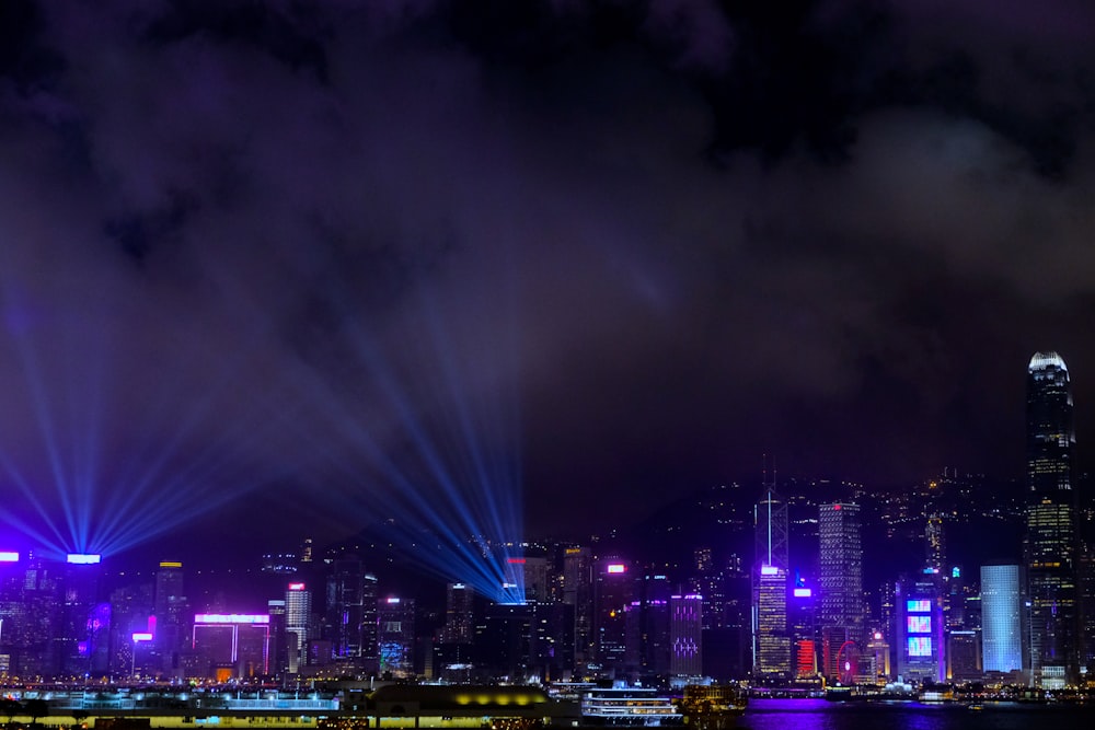 purple lights from high-rise buildings