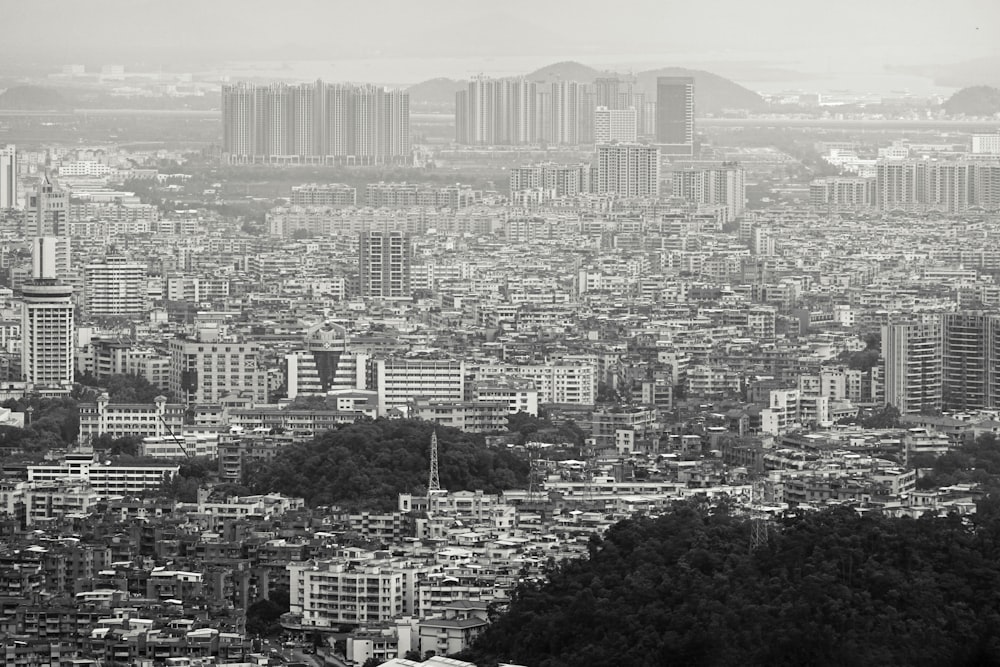 aerial view of city grayscale photo