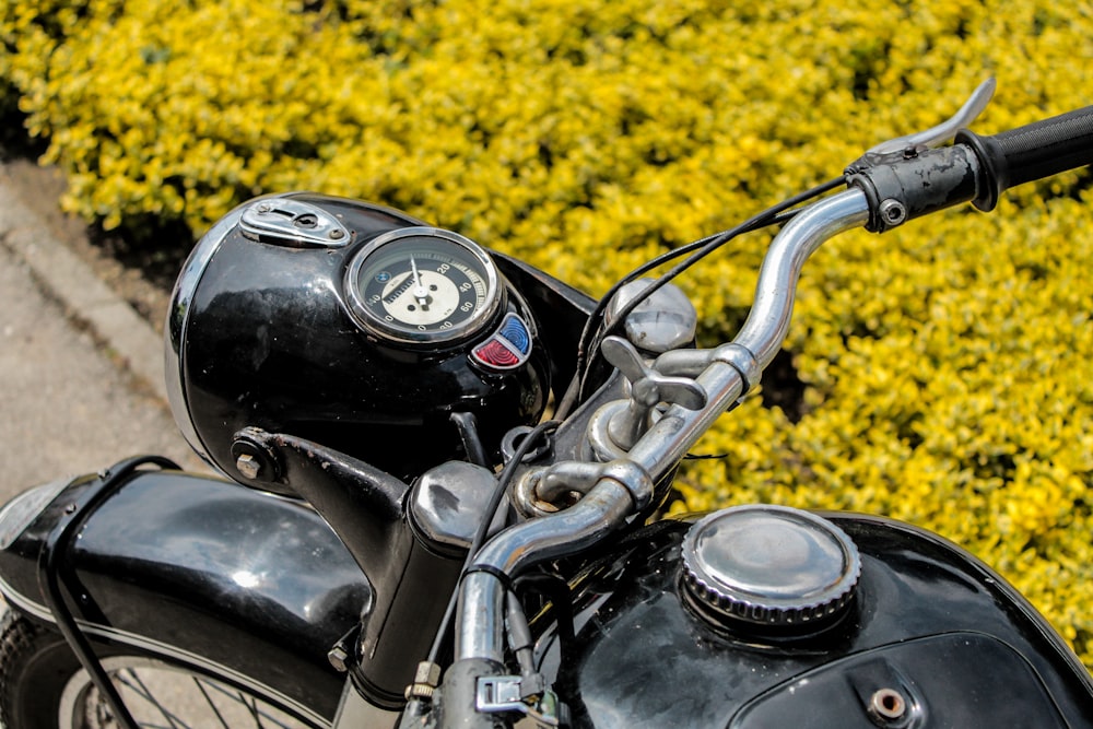 black motorbike near a flower field close-up photography