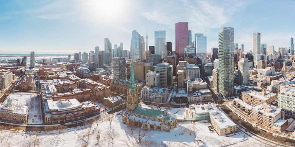 aerial view of city under white clouds