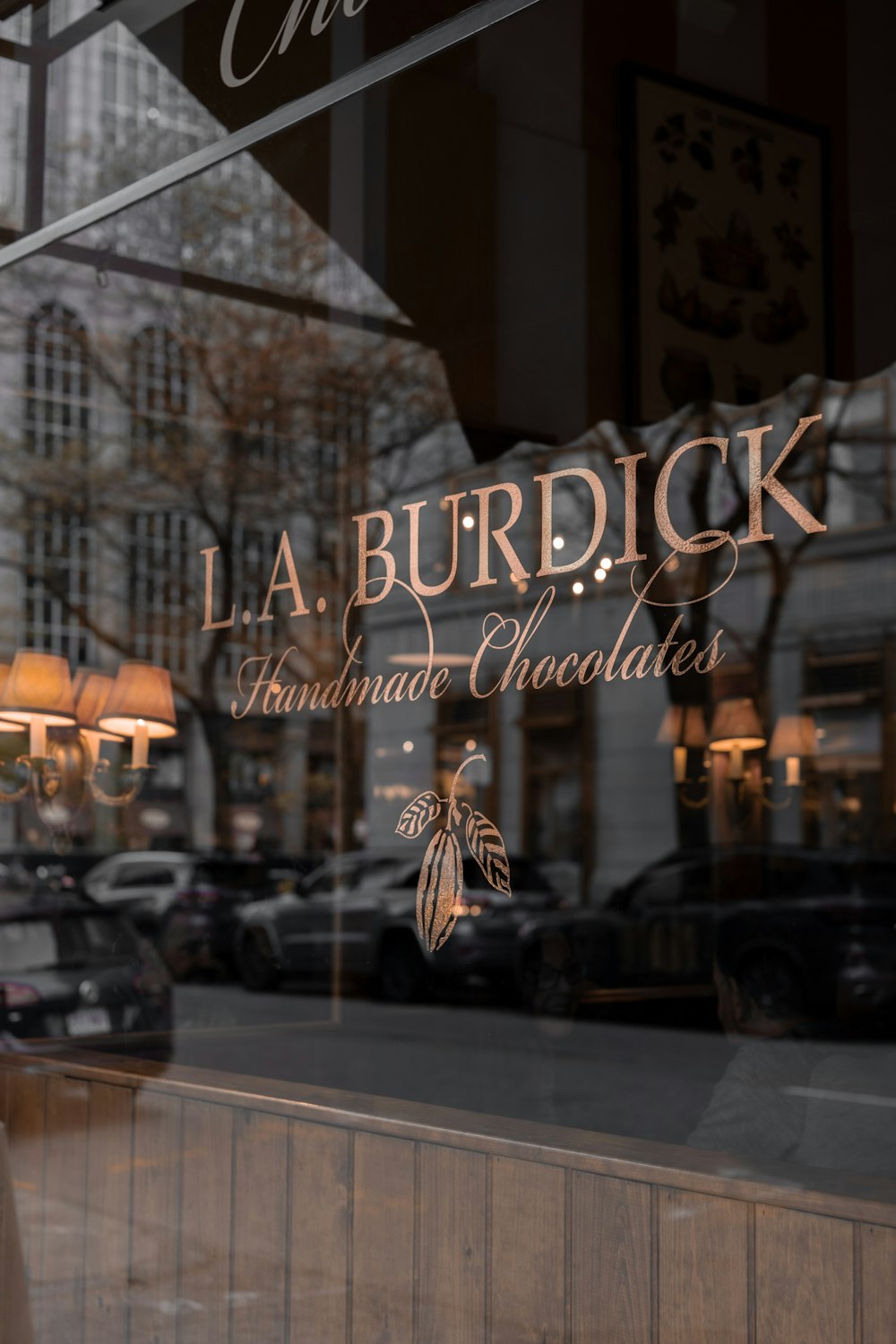 L.A. Burdick handmade chocolates sign on glass window