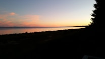 A serene landscape depicting a calm body of water reflecting the colors of a sunset. The sky is painted with gradient hues ranging from orange to blue, and the silhouette of pine trees is visible on the right side. The horizon is smooth and unobstructed.
