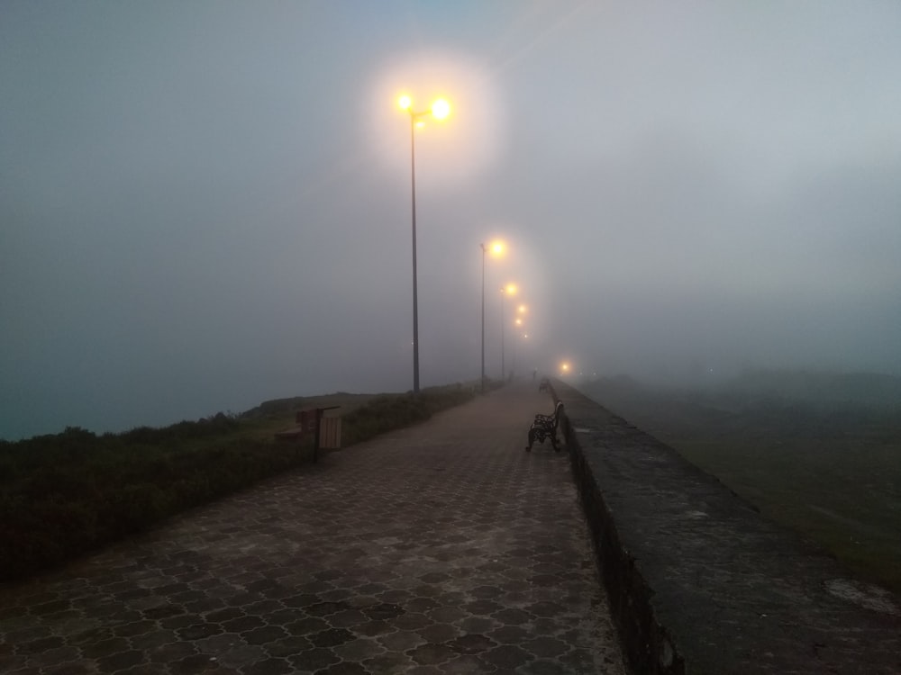 a foggy street with a bench and street lights
