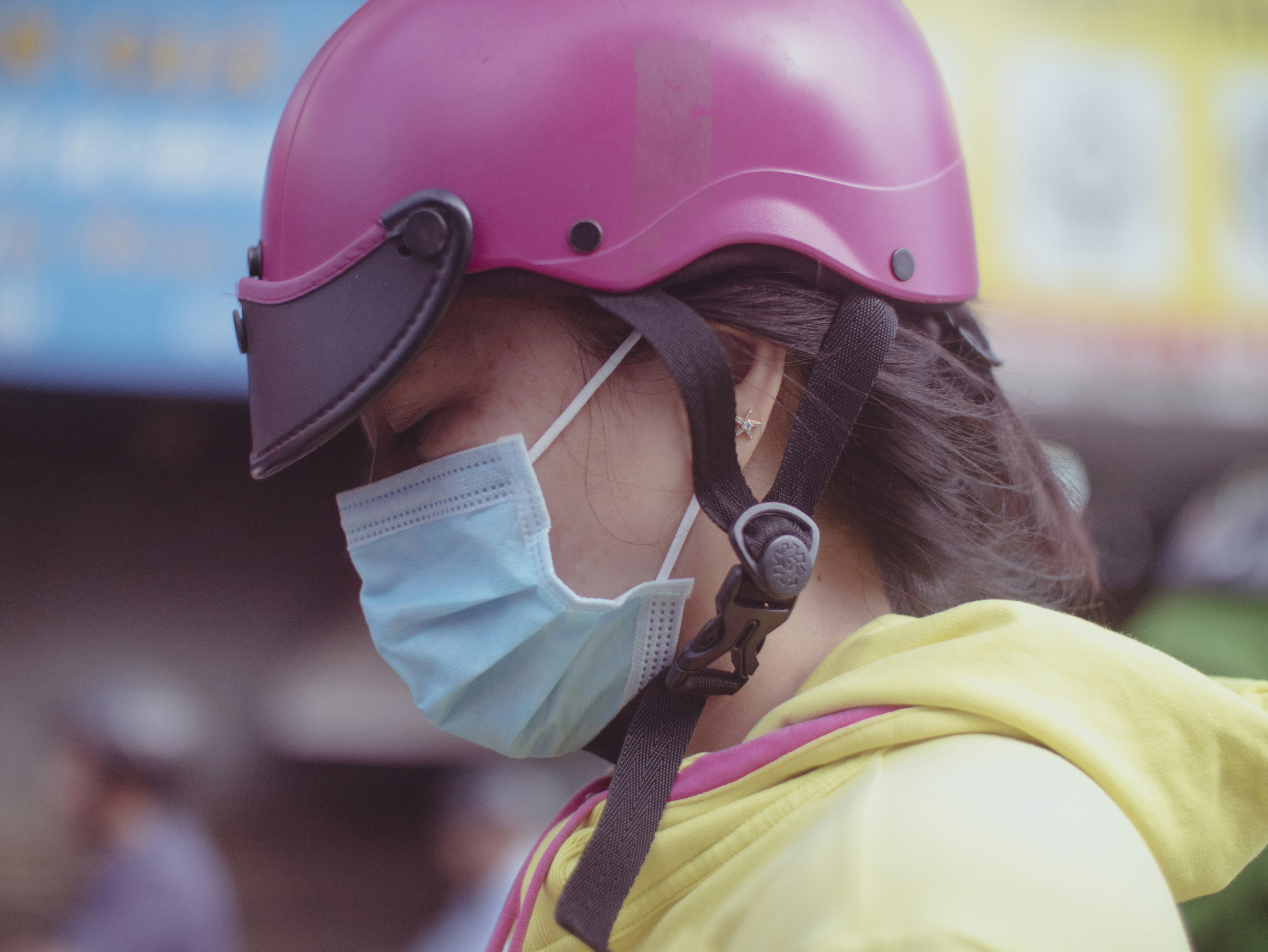 Download Woman Wearing Yellow Hooded Jacket Green Face Mask And Pink Helmet Photo Free Apparel Image On Unsplash PSD Mockup Templates