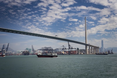 A large suspension bridge spans across a body of water with several cargo ships beneath it. Multiple cranes and industrial structures are visible on the shore, and the skyline of a city with tall buildings and distant mountains is seen in the background. The sky is partly cloudy.