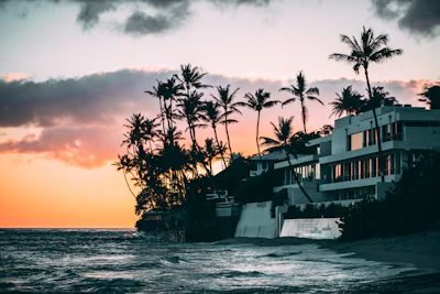 Beautiful beachfront house with palm trees and a clear ocean view at sunset.