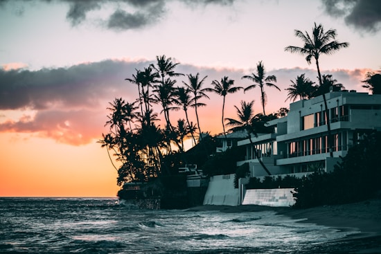 Palm trees silhouette against a vibrant sunset sky with hues of orange and pink. A modern beachfront house is situated alongside the shore, with the ocean waves gently crashing on the beach.