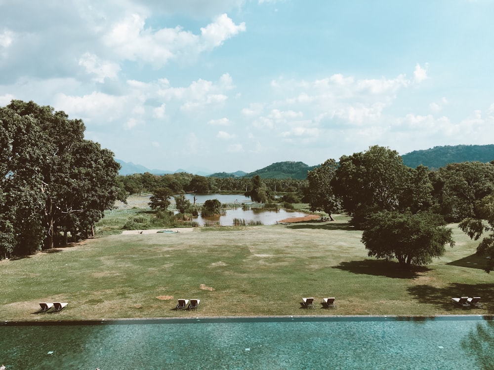 panoramic photography of swimming pool near trees