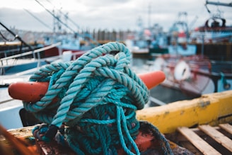 Close-up of blue nautical ropes neatly coiled on a wooden dock.