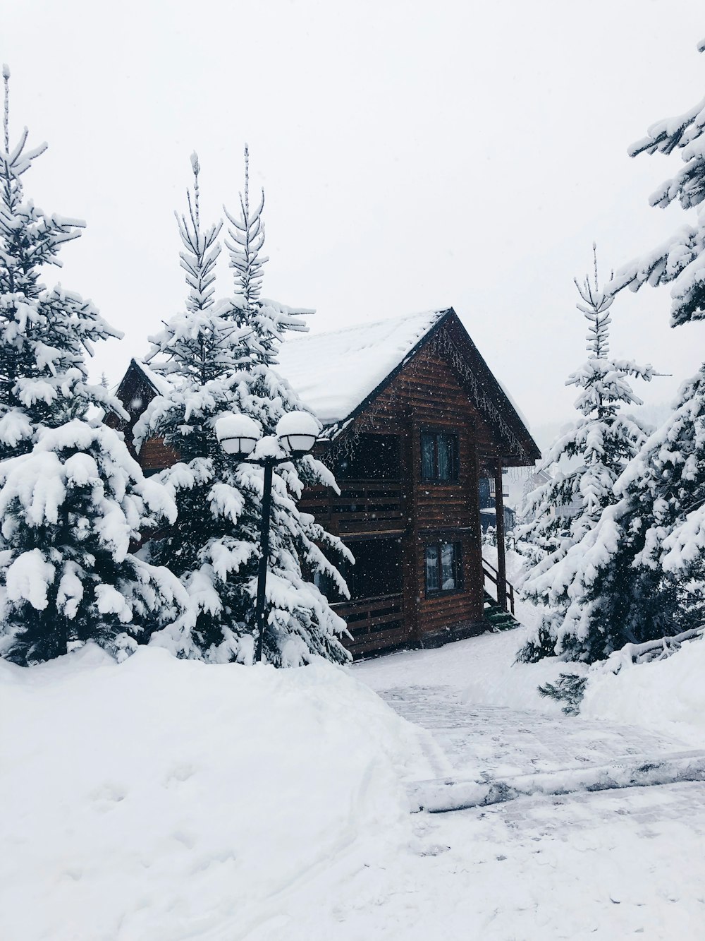 cabin in forest with snow