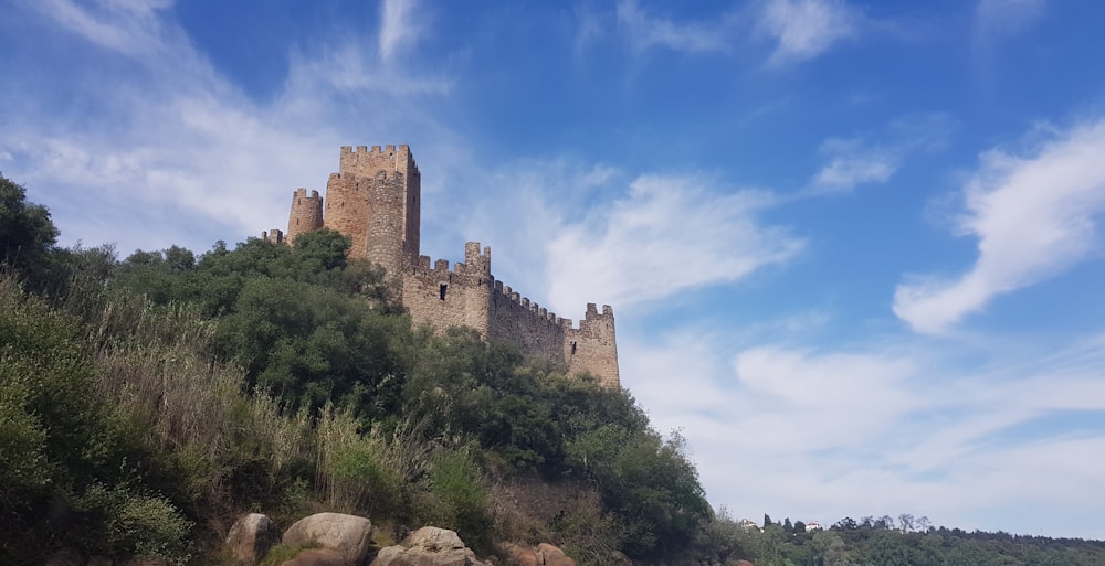 a castle sitting on top of a lush green hillside