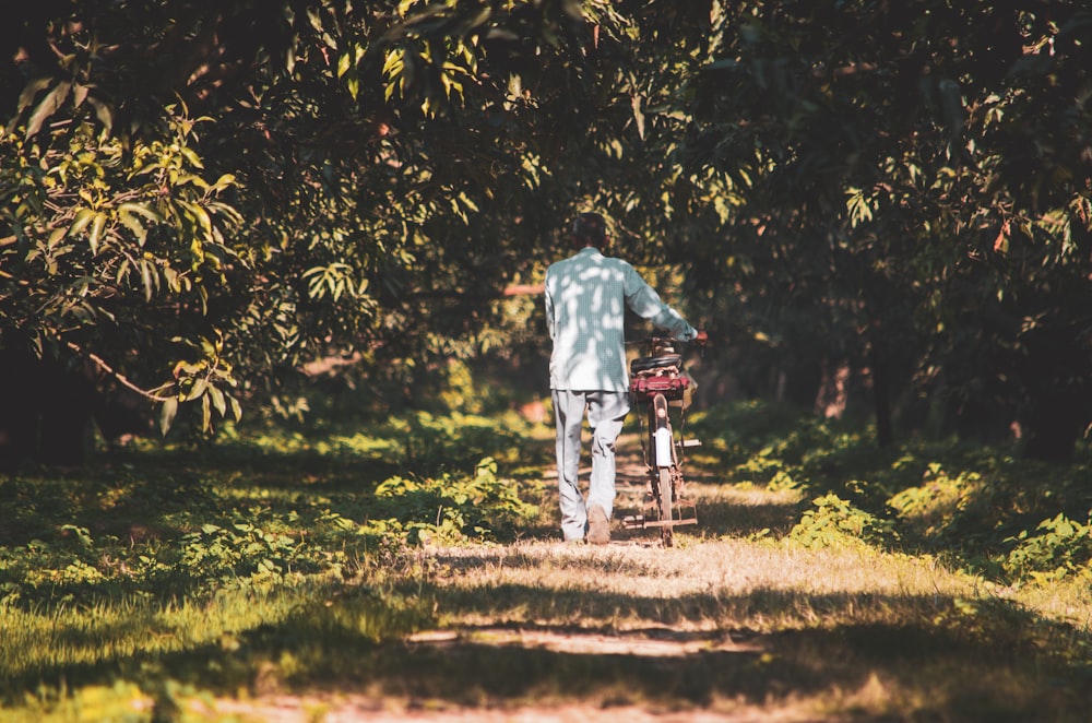 person pushing bicycle in pathway during daytime