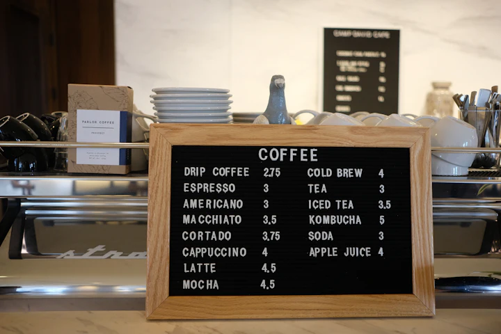 A coffee shop price board