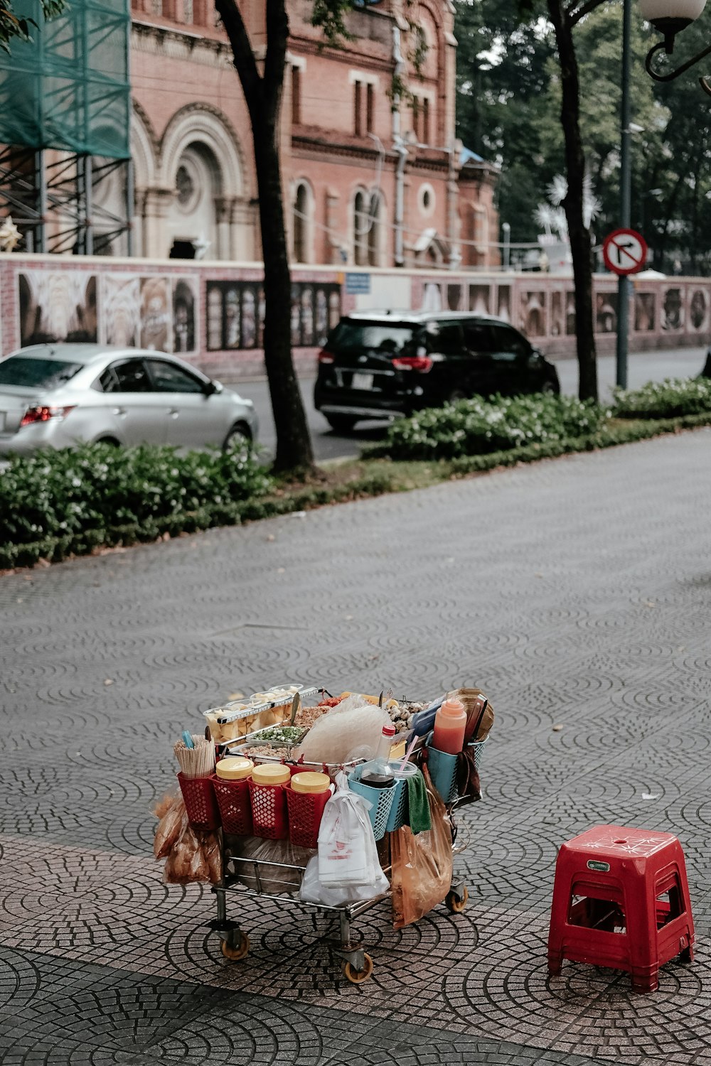 table with goods beside stool