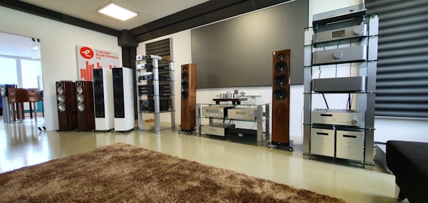 A spacious audio equipment showroom featuring a variety of high-end sound systems. Several tall speakers are aligned against the walls, displaying sleek wooden and metallic finishes. Electronics such as amplifiers and receivers are arranged on modern glass shelves, and a large, plush brown rug covers the floor. A sign on the left side suggests a focus on luxury electronics.