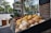 A street market display with an arrangement of fresh produce including melons, pineapples, apples, and various types of bread. The stand is located on a cobblestone street with a brick building in the background. Lush green trees and a building with classic architecture are visible across the street.