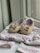 A pair of brown baby shoes with bows are placed on a patterned baby outfit with soft colors. The shoes have a soft, felt-like texture and are positioned on a hanger. The outfit features pastel hues with stripes and dotted patterns, creating a gentle and charming appearance.