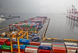A shipping port filled with colorful stacked cargo containers lined up in rows. Several large cranes are positioned along the docks, ready for loading and unloading. Trucks and equipment are visible, indicating a bustling hub of activity despite the overcast weather. The water appears calm with ships docked in the background.