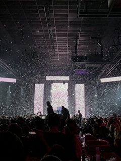 A crowded concert venue with people gathered in front of a brightly lit stage. Confetti is falling from above, adding to the festive atmosphere. Silhouetted figures can be seen amongst the audience, some holding up phones to capture the performance. The stage is framed by large rectangular light panels.