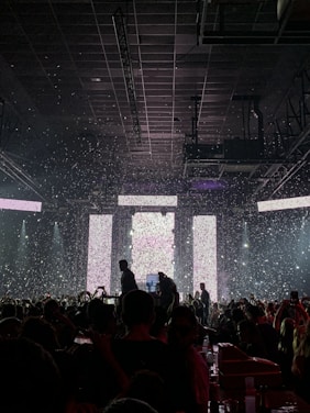 A crowded concert venue with people gathered in front of a brightly lit stage. Confetti is falling from above, adding to the festive atmosphere. Silhouetted figures can be seen amongst the audience, some holding up phones to capture the performance. The stage is framed by large rectangular light panels.