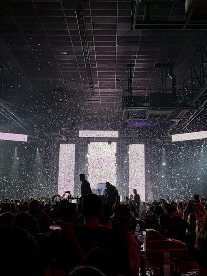 A crowded concert venue with people gathered in front of a brightly lit stage. Confetti is falling from above, adding to the festive atmosphere. Silhouetted figures can be seen amongst the audience, some holding up phones to capture the performance. The stage is framed by large rectangular light panels.