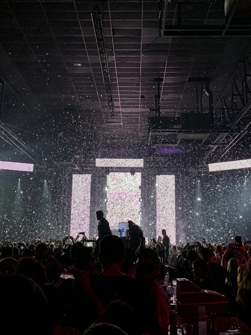 A crowded concert venue with people gathered in front of a brightly lit stage. Confetti is falling from above, adding to the festive atmosphere. Silhouetted figures can be seen amongst the audience, some holding up phones to capture the performance. The stage is framed by large rectangular light panels.