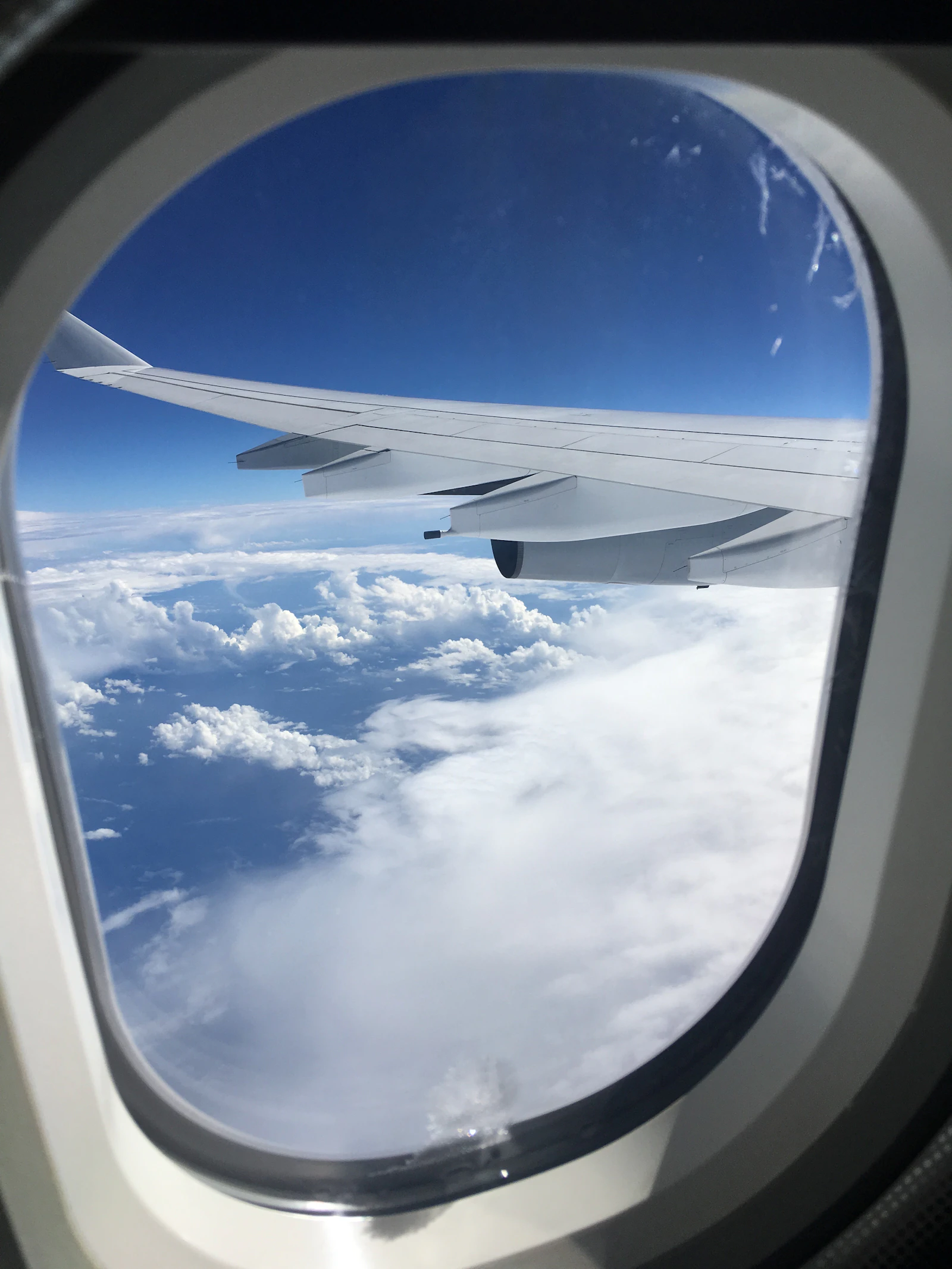 An airplane wing seen through a cabin window above a soft layer of clouds in calm daylight