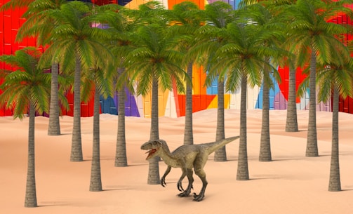 A dinosaur is walking on a sandy landscape surrounded by palm trees. In the background, there is a colorful wall with geometric patterns in shades of red, orange, yellow, blue, and purple.