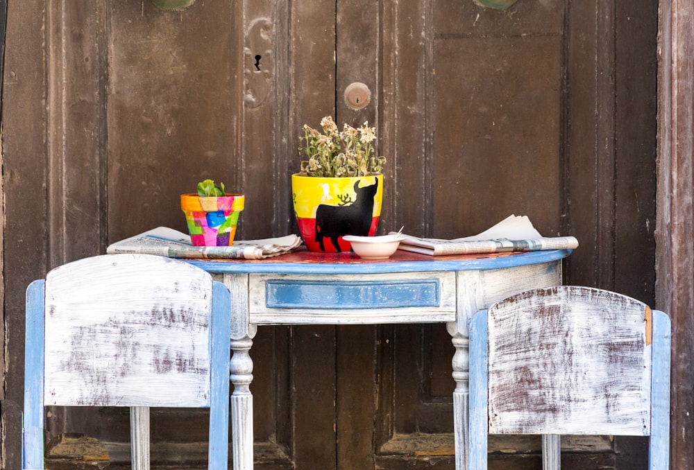 white and blue wooden console table