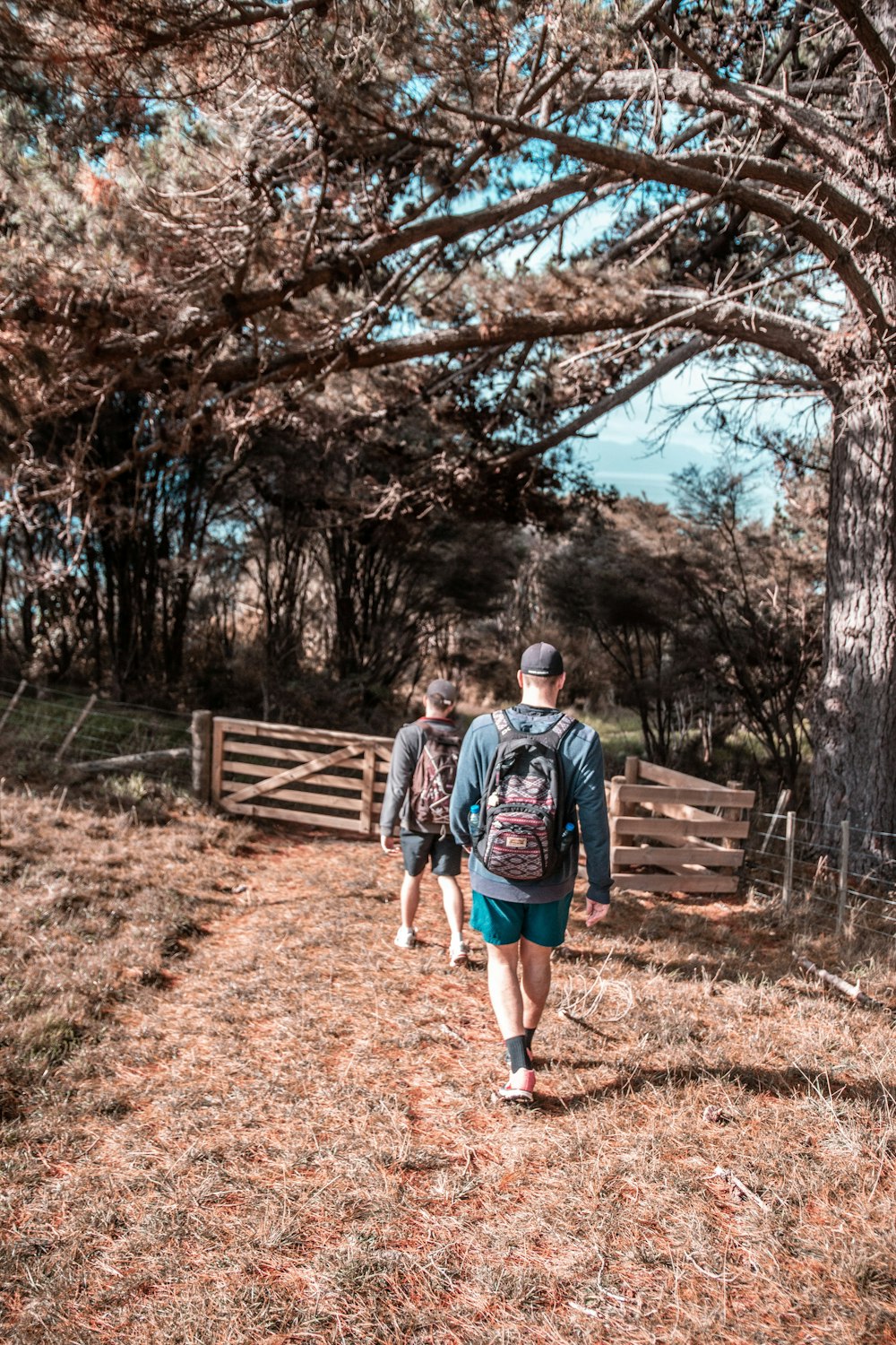 two men walking on trail heading to wooden gate