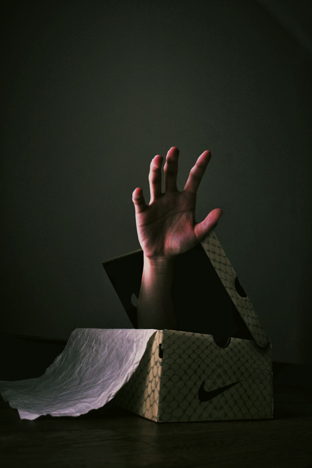 human hand in shoe box