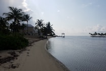 A tranquil beachfront scene with calm waters and a sandy shore lined with palm trees. Modern houses are visible among the trees, with a small wooden pier extending into the water. The sky is partly cloudy, with sunlight creating soft reflections on the water.