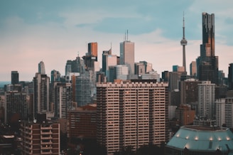 City skyline with iconic landmarks representing popular study destinations.