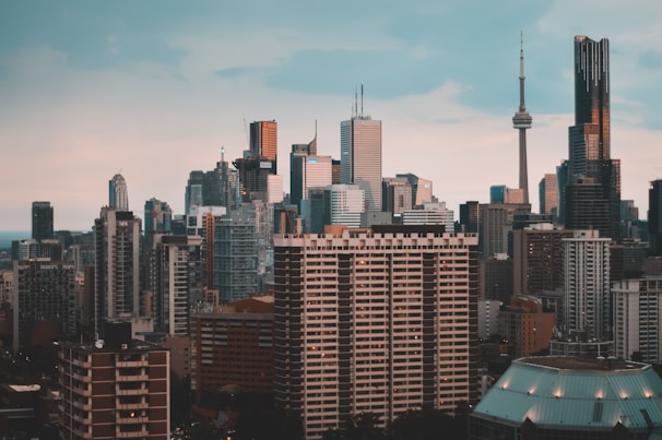 City skyline with iconic landmarks representing popular study destinations.