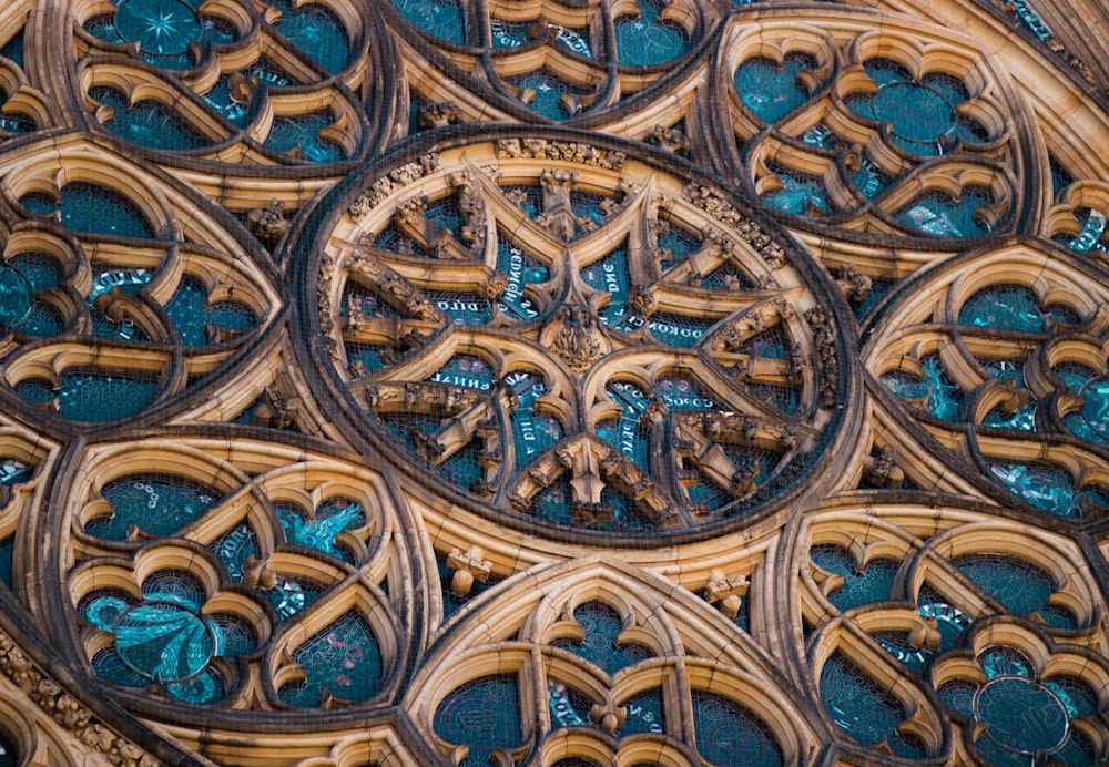 a close up view of a stained glass window